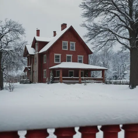 cinematic film still of  <lora:Hyperrealism style:1> sharp detailed,
a house with a snow covered roof and a fire hydrant,outdoors,sky,tree,no humans,window,ground vehicle,building,scenery,motor vehicle,snow,fence,road,bush,house,winter,bare tree , realisti...