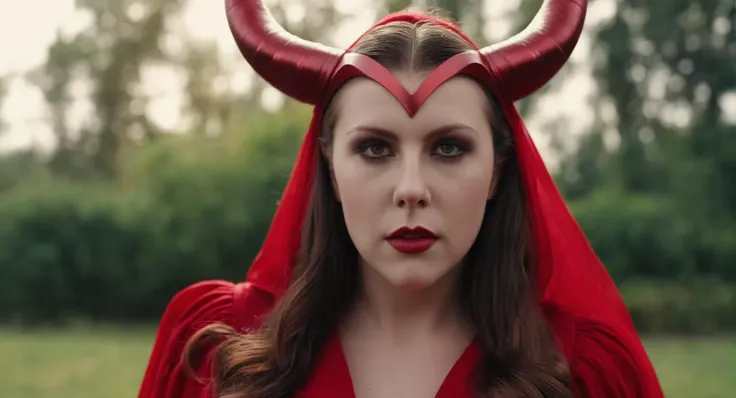 cinematic film still of Cinematic Film stock footage in (arri alexa style) Kodak film print, 
 <lora:Hyperrealism-000003:1>
a woman in a red scarlet witch costume with horns on her head Hyperrealism Style, shallow depth of field, vignette, highly detailed,...