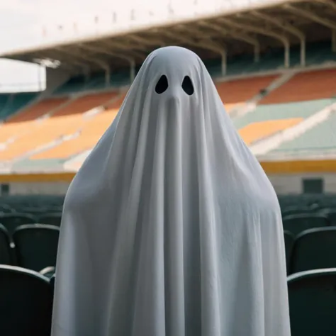 cinematic film still of  <lora:Hyperrealism style:1> sharp detailed,
a ghost is standing in front of a stadium,solo,looking at viewer,outdoors,blurry,no humans,blurry background,blanket,under covers,ghost costume , realistic, real, photo real, cinematic, d...