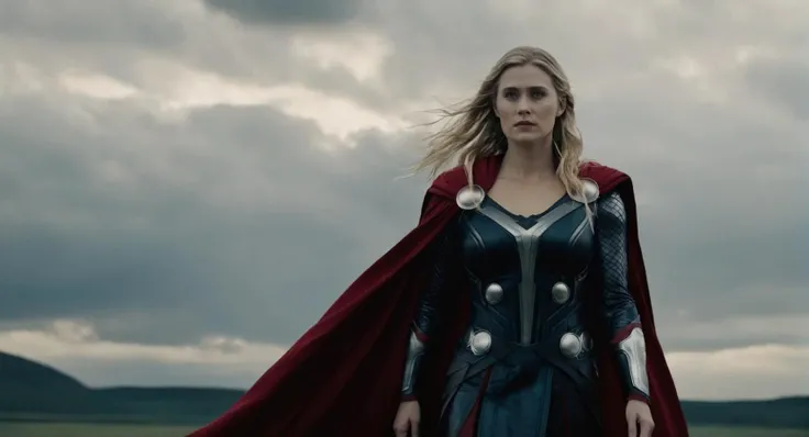 Dark Fantasy Art of (Cinematic Film stock footage style) in (arri alexa style) (Kodak film print style), 
 <lora:Hyperrealism-000003:1>
thor a woman dressed in a costume and a cape Hyperrealism Style, dark, moody, dark fantasy style