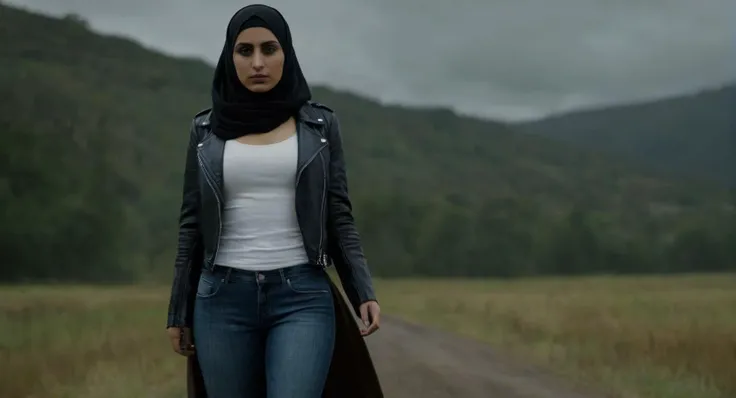 Dark Fantasy Art of (Cinematic Film stock footage style) in (arri alexa style) (Kodak film print style), 
 <lora:Hyperrealism-000003:1>
a hijab naked woman in jeans and a leather jacket Hyperrealism Style, dark, moody, dark fantasy style