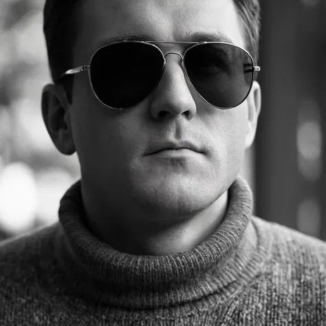 cinematic film still of cinematic film still of  <lora:Hyperrealism style:1> sharp detailed,
a man wearing sunglasses and a sweater,solo,1boy,closed mouth,monochrome,greyscale,male focus,glasses,sunglasses,portrait,realistic , realistic, real, photo real, ...