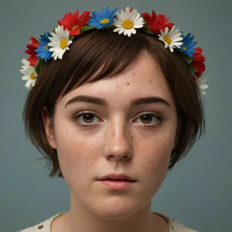 cinematic film still of  <lora:Hyperrealism style:1> sharp detailed,
a woman with a flower crown on her head,1girl,solo,looking at viewer,short hair,simple background,brown hair,hair ornament,brown eyes,flower,parted lips,hair flower,grey background,lips,l...