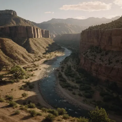 cinematic film still of cinematic film still of  <lora:Hyperrealism style:0.35> sharp detailed, Hyperrealism Style
 <lora:Red Dead Redemption style:0.55>
a river running through a canyon next to a mountain,outdoors,sky,day,water,tree,no humans,grass,plant,...