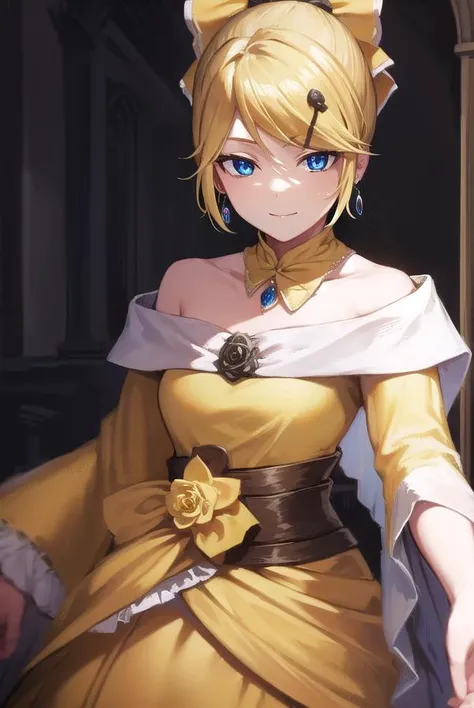 riliane, <lyco:riliane-lyco-nochekaiser:1>,
riliane, blonde hair, blue eyes, ponytail, short hair, parted bangs, <lora:gekioko_v200:1>, smile, grin,
BREAK bow, bracelet, dangle earrings, detached collar, dress, (yellow dress:1.5), dress bow, earrings, flow...