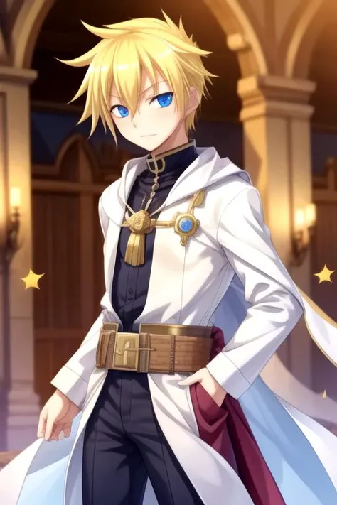 masterpiece, best quality, game cg, 1boy, solo, male focus, looking at viewer, , , <lora:frau_07-ghost:0.70>, frau_07-ghost, blonde hair, blue eyes, scarecrow costume, The Kingdom of the Unicorn,