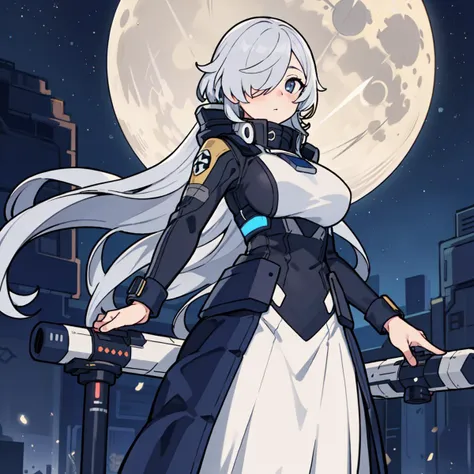 1girl, solo, rule of thirds, spaceship, night, full moon, standing, gray hair, very long hair, covered eyes, two-tone eyes, tall...