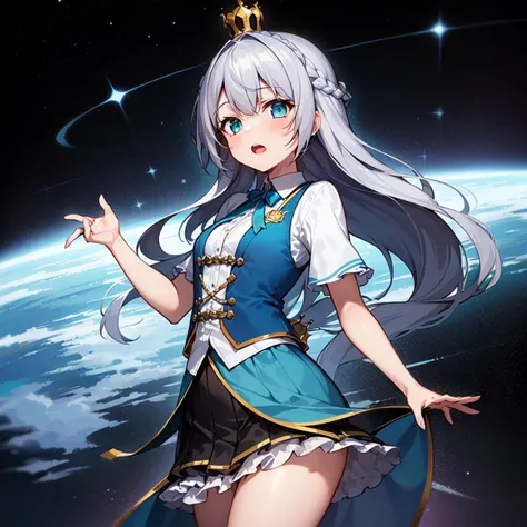 1girl, solo, panorama, space, dusk, singing, gray hair, long hair, crown braid, french braid, gradient eyes, petite, mature fema...