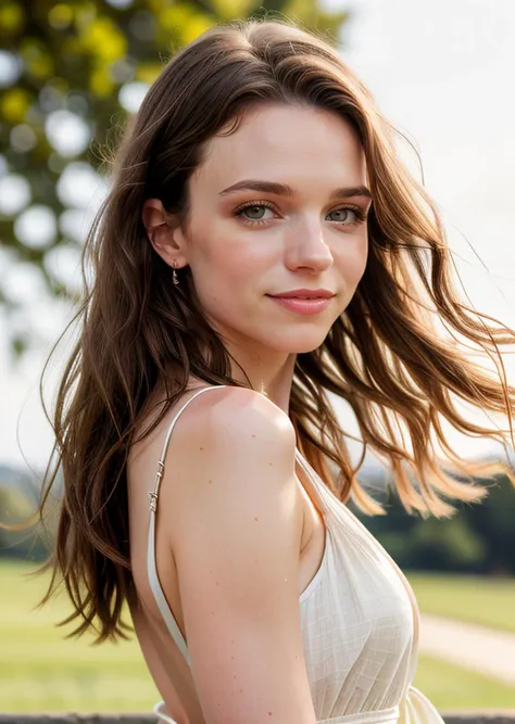 closeup headshot of a young woman who looks like S445_NelyaJorden,outdoors, wearing summer dress, (brown eyes)), long straight hair, slender, soft light,  cinematic-shot, masterpiece, ultra-detailed:1.1