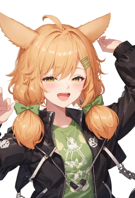 best quality, masterpiece, highres, solo, {kroos_arknights:0.90}, 1girl, black_jacket, green_bow, green_shirt, open_jacket, simple_background, upper_body, open_mouth, white_background, blush, low_twintails, short_hair, :d, ^_^, facing_viewer, blue_gloves, ...