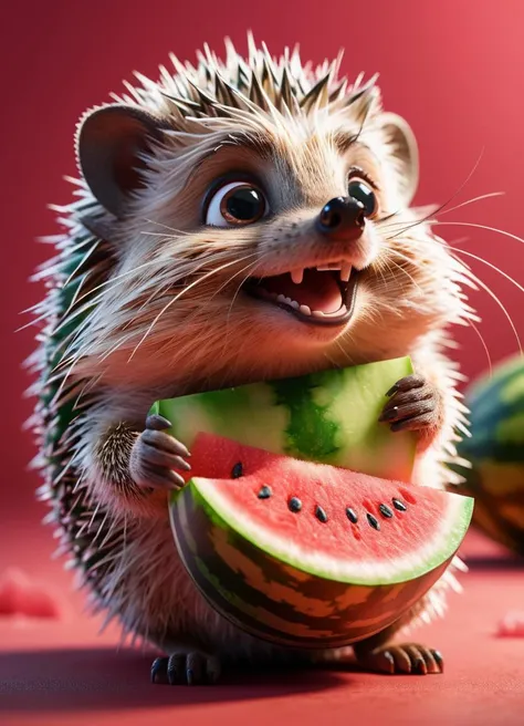 a small hedgehog holding a piece of watermelon with its tiny paws, taking little bites, eyes closed in delight, cute ink  highly detailed intricated concept art trending artstation 8k <lora:Cute_3D_Cartoon:0.35>, subsurface scattering, Photorealistic, Hype...