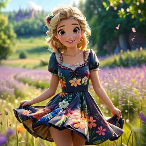 ((Medium-Shot)),disney style cute blonde woman spinning round holding dress in a flowery meadow  <lora:Cute_3D_Cartoon:1>