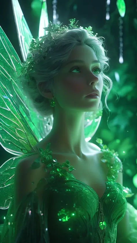 a close up of a woman wearing a green fairy costume