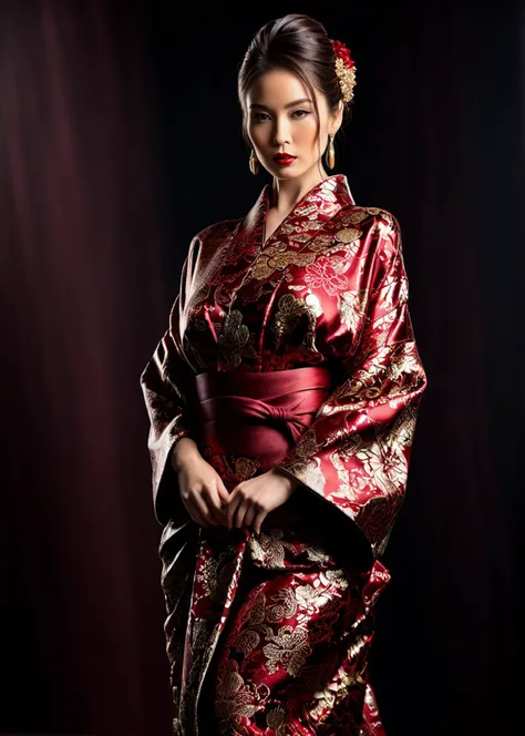 a woman in a red and gold kimono is posing for a picture