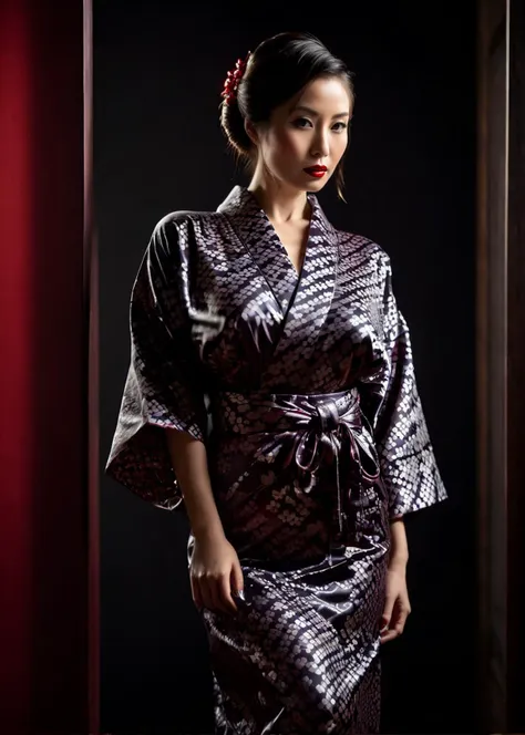 a woman in a robe standing in a doorway with a red background