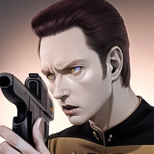 <lora:tngdata:.7> tngdata,  yellow eyes, silver skin, lieutenant commander data,   looks like (((brent spiner:1.3))) star trek uniform, ((holding a gun:1.2)),(((rifle:1.3))), (angry:1.3), dynamic lighting,  masterpiece,  dynamic,