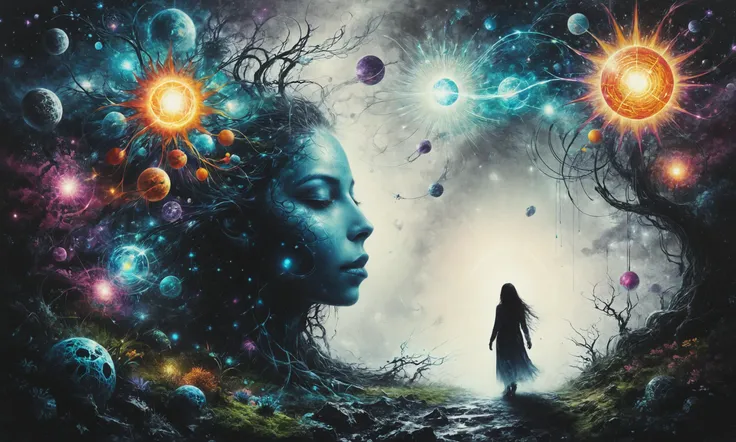 a woman standing in front of a dark forest with planets