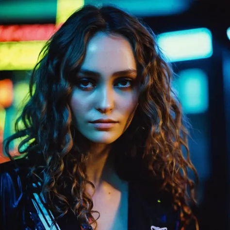 Photo of a woman with long wavy hair,portrait,kodachrome, neon,cyberpunk, , <lora:lirosedepp_xl_1_standard_merger_31_78_05_05:1>