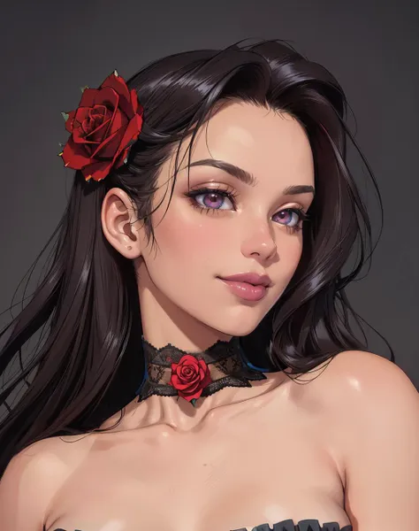 a woman with a rose in her hair and a choker