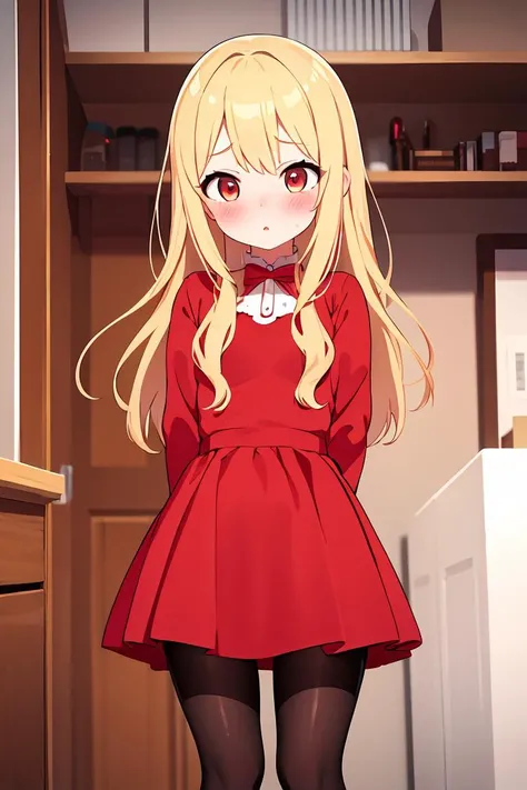 (masterpiece, best quality), 1girl, blonde hair, red dress, pantyhose, cute face, blush,