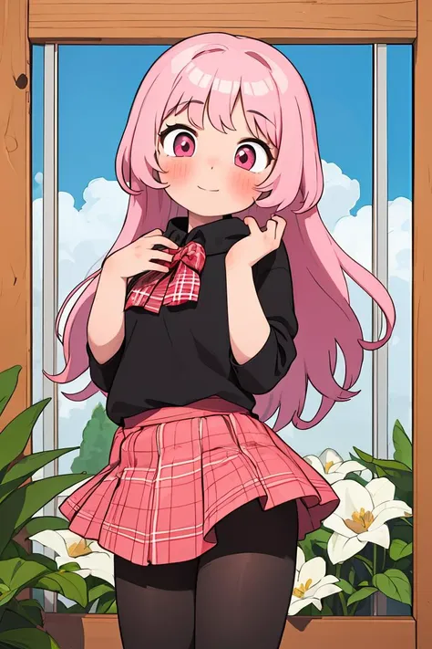 anime girl with pink hair and a bow tie standing in front of a window