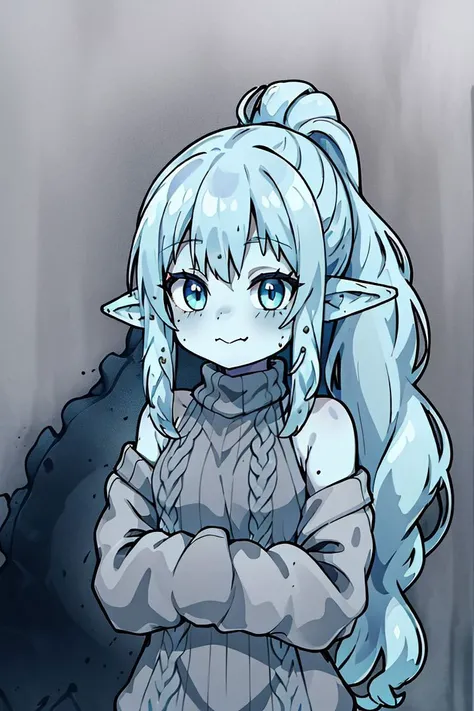 1giril,solo,mincho_head,mincho_hairstyle,mincho_body,long hair,ponytail,pointy ears,slime girl,(knit sweater:1.1),(grey sweater:1.3),turtleneck,cowboy shot,closed mouth,wavy mouth,light smile,blue hair,blue eyes,(blue_skin:1.3),bare shoulders,bare arms,<lo...