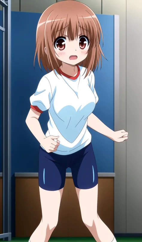 anime girl in a white shirt and blue shorts standing in a room