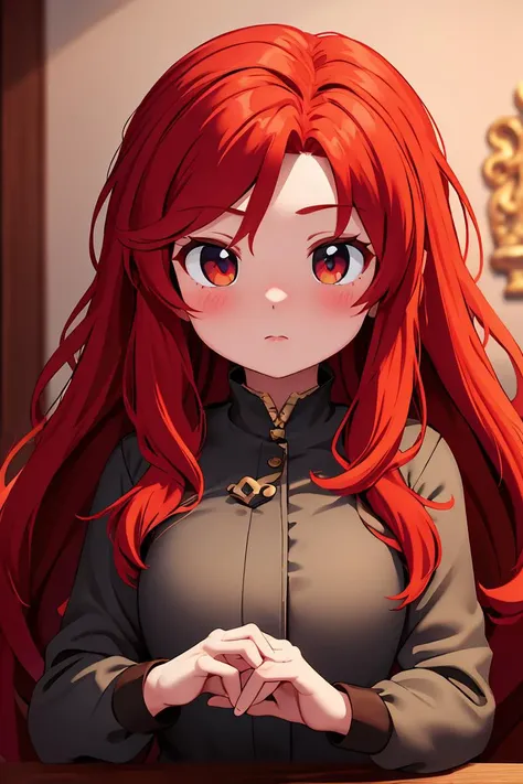 a close up of a person with long red hair and a jacket