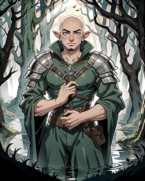 a close up of a person in a green outfit holding a sword