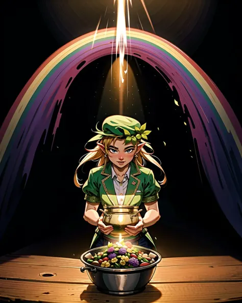 ((masterpiece), best quality, high quality, professional quality, highly detailed, highres, perfect lighting, natural lighting), leprechaun, hopping, on rainbow, holding pot of gold