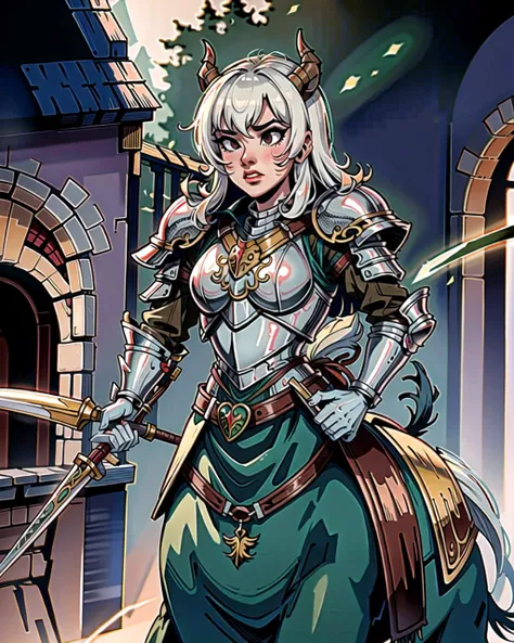 a close up of a woman in armor holding two swords