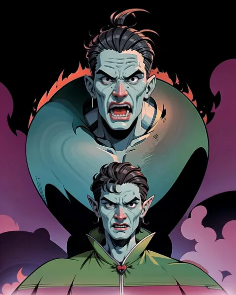 a poster of two men with different faces and a demon