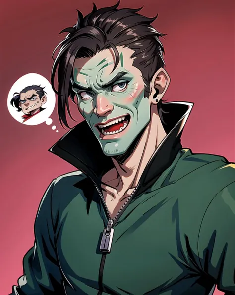 a cartoon of a man with a green face and a black jacket