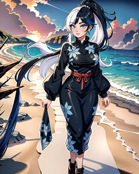 anime girl walking on the beach with a sword in her hand