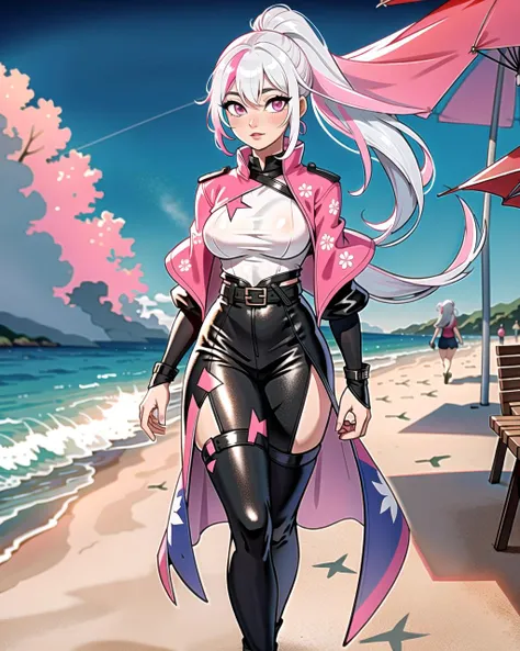 anime girl in leather outfit walking on beach with umbrellas