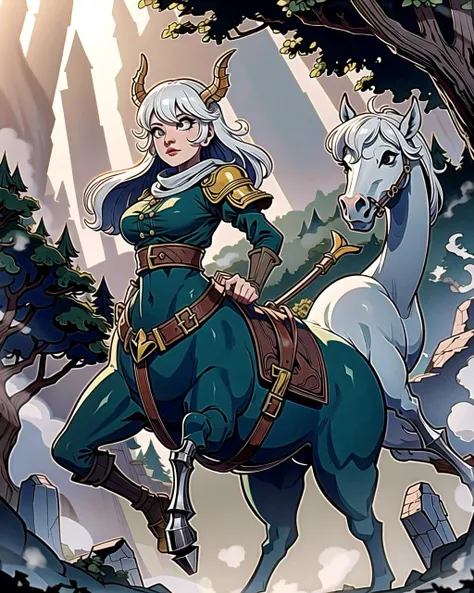 ((masterpiece), best quality, high quality, professional quality , highly detailed, highres, perfect lighting, natural lighting), elysian stone rococo castle, iron turrets, centaur, pegasus, sphinx, a dense pine forest shrouded in mist