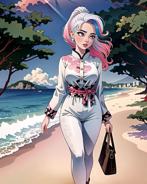 ((masterpiece), best quality, high quality, professional quality , highly detailed, highres, perfect lighting, natural lighting),, (1girl, beautiful, medium breasts, (multicolored hair, red hair,silver hair,pink hair, long hair, high ponytail), perfecteyes...