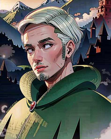 ((masterpiece), best quality, high quality, professional quality , highly detailed, highres, perfect lighting, natural lighting),, (1boy, handsome, muscular, perfecteyes eyes),Sorcerer, Oracle, Short, Solid, Diamond-Shaped Face, Olive Skin, Gray Hair, Brow...