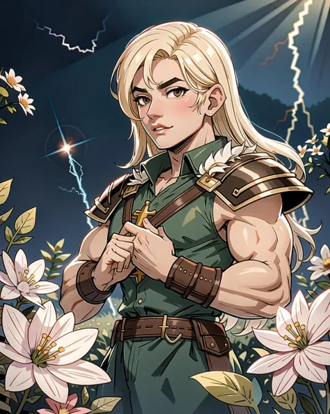 ((masterpiece), best quality, high quality, professional quality, highly detailed, highres, perfect lighting, natural lighting), Sorcerer casting bolts of lightning from their fingertips, Guru, Short, Muscular, Diamond-Shaped Face, Olive Skin, Platinum Blo...