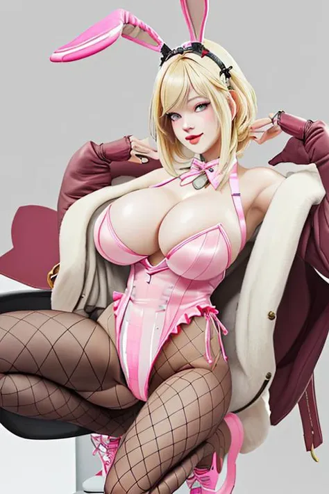 blonde hair, voluptuous, big breasts,  <lora:0173 Concept U 1_v1:0.8> ruanyi0173,fishnet pantyhose,fake animal ears,fur trim,asymmetrical legwear,o-ring,pink leotard,rabbit tail,frills,striped,thighhighs