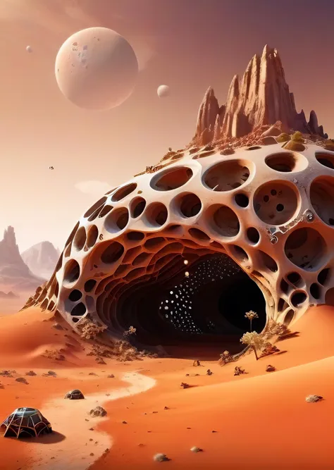 Picture a landscape on Mars with sandy deserts and towering mountains with holes. numerous caves, nest, bees nest, insect nest. liquid chemicals, rivers, lakes, island. background levatitaing rocks, gothic vibe organic shapes, nest of aliens, nest of insec...