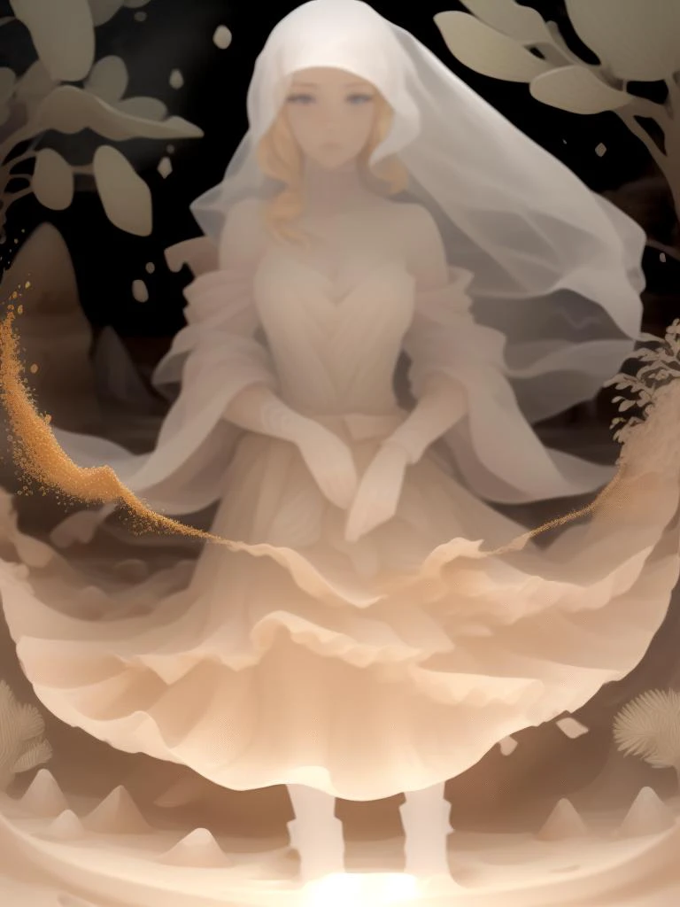 there is a woman in a white dress standing in a forest