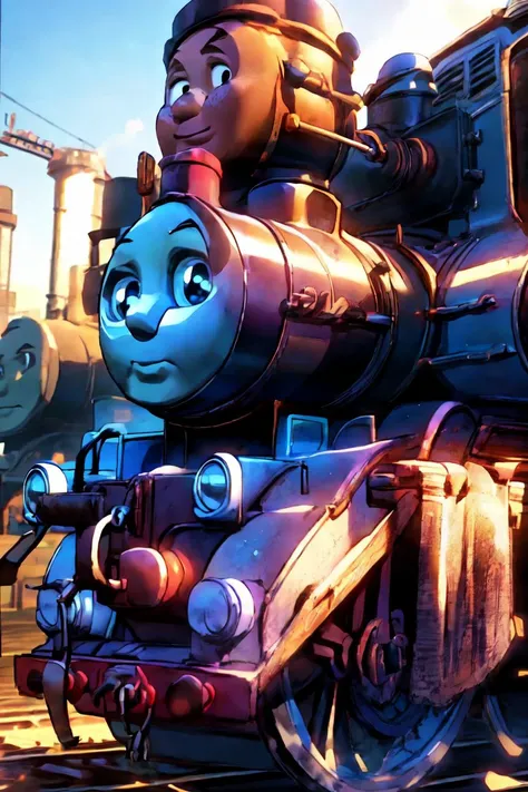 there is a cartoon train with a smiling face on the tracks