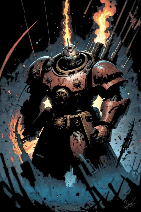 a close up of a man in a space suit with a fire