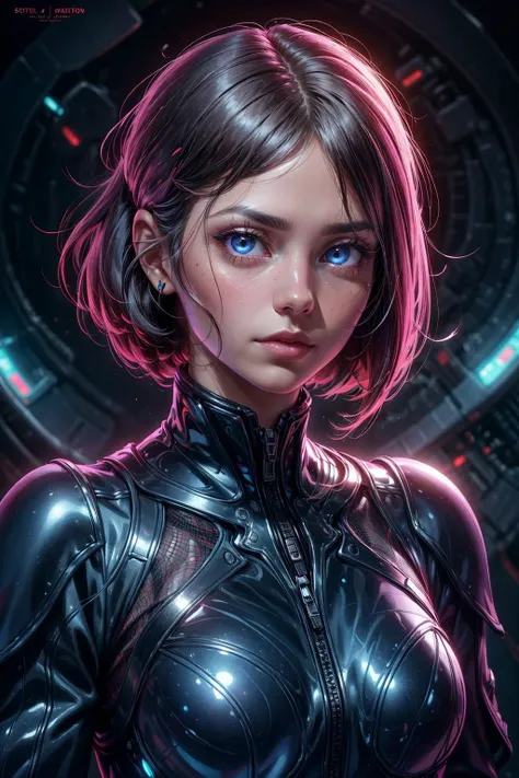 a woman in a futuristic suit with blue eyes and a futuristic face