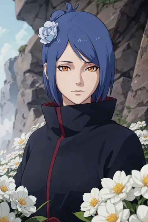 a close up of a person with blue hair and flowers