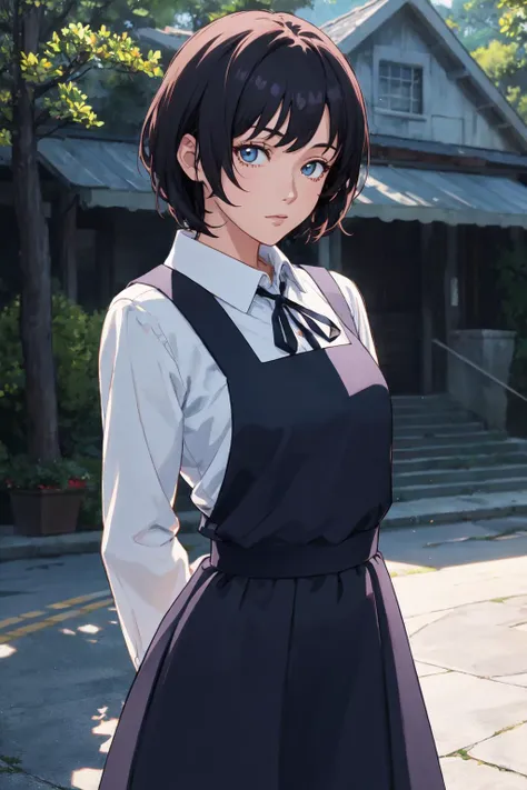 anime girl in a school uniform standing in front of a house