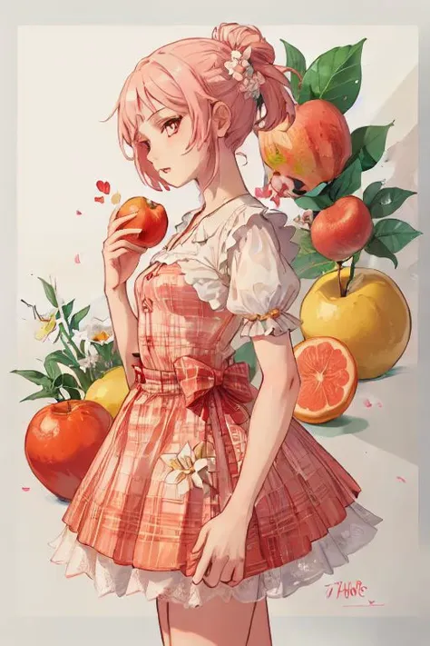 anime girl with pink hair and dress holding an apple