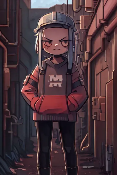 a cartoon character in a hoodie standing in a narrow alley