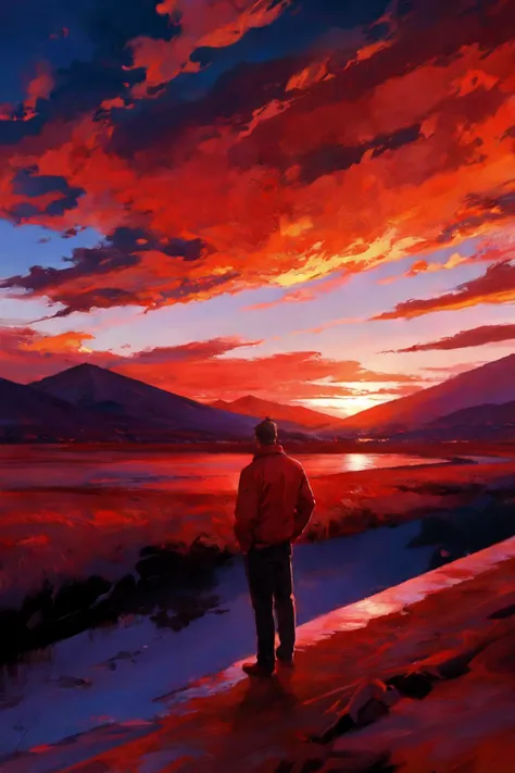 man in foreground, mountains in background ,sunset, red clouds, surreal contrasting colors , best quality, <lora:OilPaint:0.7>